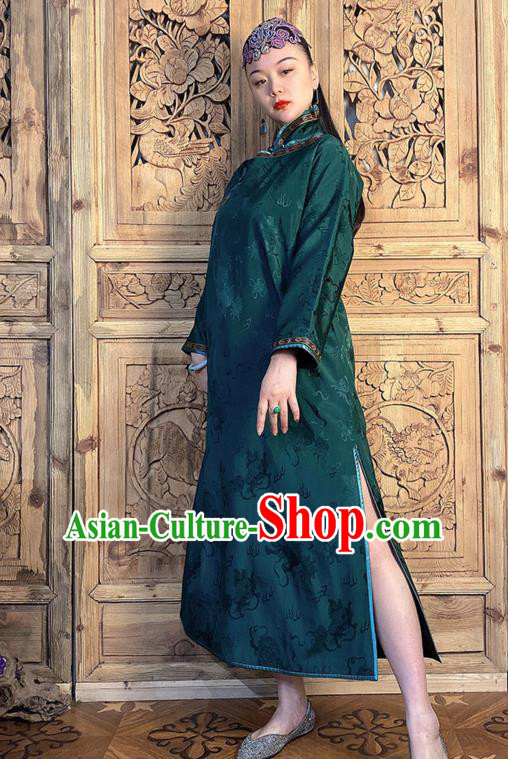 China Traditional Atrovirens Silk Qipao Dress Women Clothing Classical Cheongsam