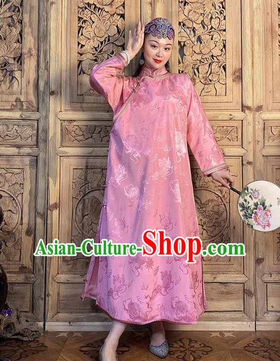 China Classical Loose Cheongsam Traditional Pink Silk Qipao Dress Women Clothing China Classical Loose Cheongsam Traditional Pink Silk Qipao Dress Women Clothing