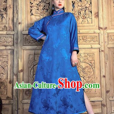 China National Women Clothing Classical Loose Cheongsam Traditional Deep Blue Silk Qipao Dress