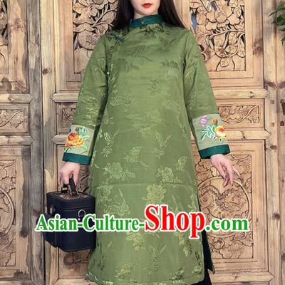 Chinese Embroidery Green Silk Long Gown Traditional Tang Suit Outer Garment Dust Coat