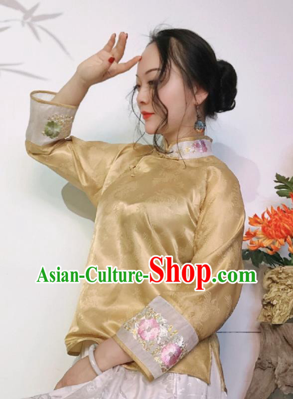 Chinese National Cheongsam Shirt Traditional Embroidered Light Golden Silk Blouse Chinese National Cheongsam Shirt Traditional Embroidered Light Golden Silk Blouse