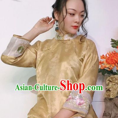 Chinese National Cheongsam Shirt Traditional Embroidered Light Golden Silk Blouse