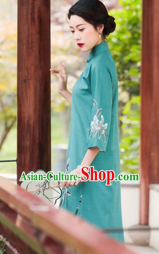 China National Clothing Traditional Cheongsam Classical Embroidered Peony Green Qipao Dress China National Clothing Traditional Cheongsam Classical Embroidered Peony Green Qipao Dress