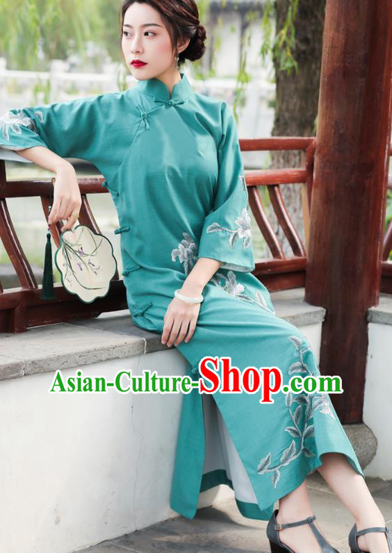 China National Clothing Traditional Cheongsam Classical Embroidered Peony Green Qipao Dress China National Clothing Traditional Cheongsam Classical Embroidered Peony Green Qipao Dress