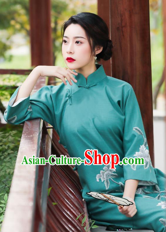 China National Clothing Traditional Cheongsam Classical Embroidered Peony Green Qipao Dress China National Clothing Traditional Cheongsam Classical Embroidered Peony Green Qipao Dress