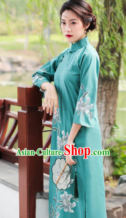 China National Clothing Traditional Cheongsam Classical Embroidered Peony Green Qipao Dress China National Clothing Traditional Cheongsam Classical Embroidered Peony Green Qipao Dress