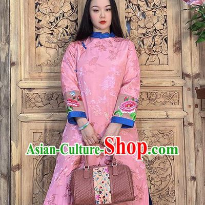 Chinese Woman Dust Coat Embroidery Pink Silk Long Gown Traditional Tang Suit Outer Garment
