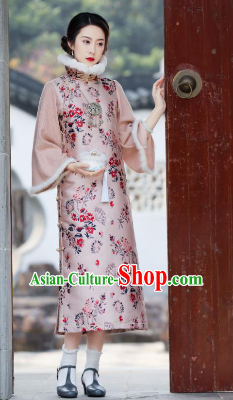 China Classical Printing Qipao Dress National Winter Clothing Traditional Pink Cheongsam China Classical Printing Qipao Dress National Winter Clothing Traditional Pink Cheongsam