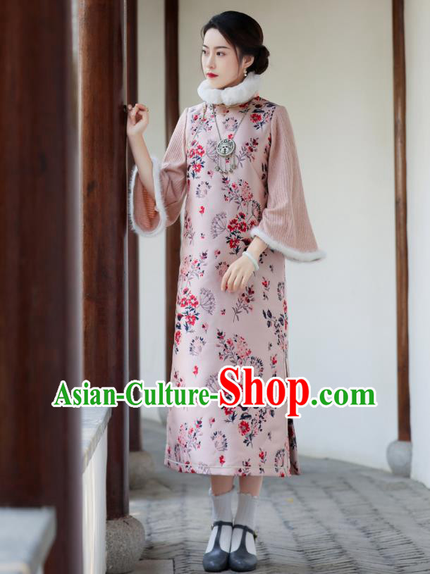 China Classical Printing Qipao Dress National Winter Clothing Traditional Pink Cheongsam China Classical Printing Qipao Dress National Winter Clothing Traditional Pink Cheongsam
