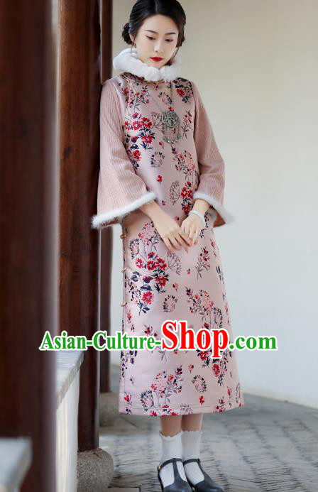 China Classical Printing Qipao Dress National Winter Clothing Traditional Pink Cheongsam China Classical Printing Qipao Dress National Winter Clothing Traditional Pink Cheongsam