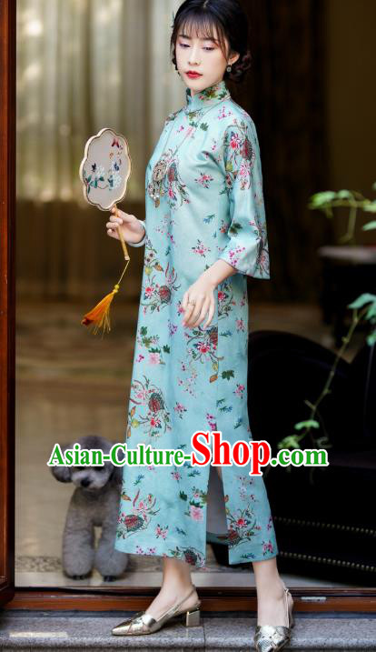 China Classical Green Qipao Dress National Retro Clothing Traditional Printing Flowers Cheongsam China Classical Green Qipao Dress National Retro Clothing Traditional Printing Flowers Cheongsam
