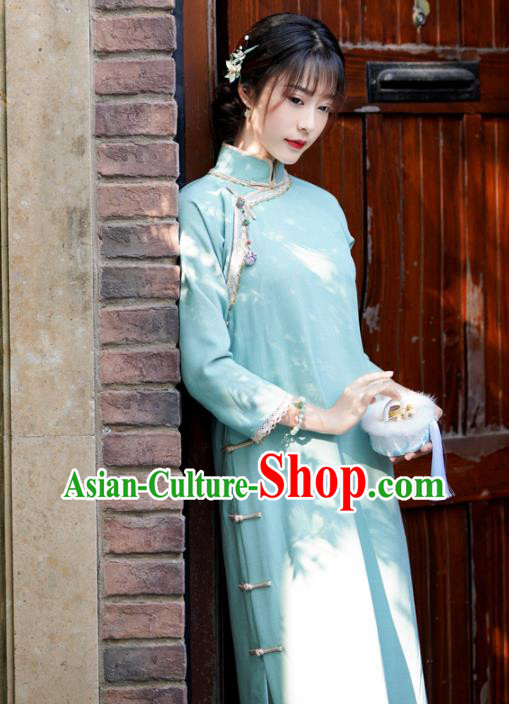 China Classical Slant Opening Qipao Dress National Retro Clothing Traditional Light Blue Cheongsam China Classical Slant Opening Qipao Dress National Retro Clothing Traditional Light Blue Cheongsam