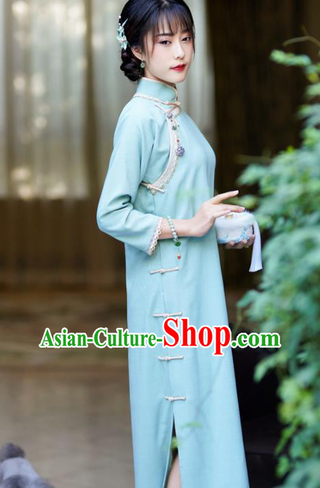 China Classical Slant Opening Qipao Dress National Retro Clothing Traditional Light Blue Cheongsam China Classical Slant Opening Qipao Dress National Retro Clothing Traditional Light Blue Cheongsam