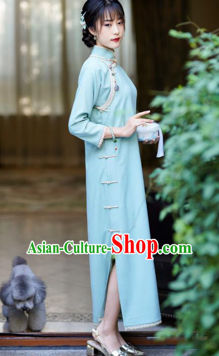China Classical Slant Opening Qipao Dress National Retro Clothing Traditional Light Blue Cheongsam China Classical Slant Opening Qipao Dress National Retro Clothing Traditional Light Blue Cheongsam