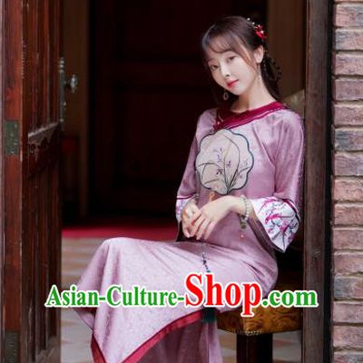 China Traditional Pink Silk Cheongsam Classical Slant Opening Qipao Dress National Young Women Clothing
