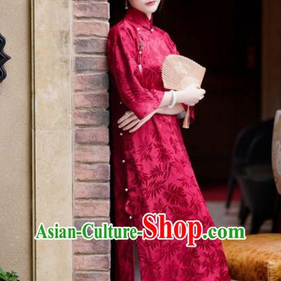 China Red Silk Cheongsam Traditional Stand Collar Qipao Dress Classical Wedding Clothing