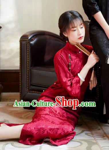 China Red Silk Cheongsam Traditional Stand Collar Qipao Dress Classical Wedding Clothing China Red Silk Cheongsam Traditional Stand Collar Qipao Dress Classical Wedding Clothing