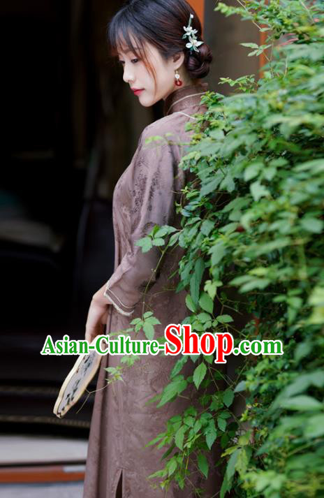 Republic of China Traditional Stand Collar Qipao Dress Classical Clothing Brown Silk Cheongsam Republic of China Traditional Stand Collar Qipao Dress Classical Clothing Brown Silk Cheongsam