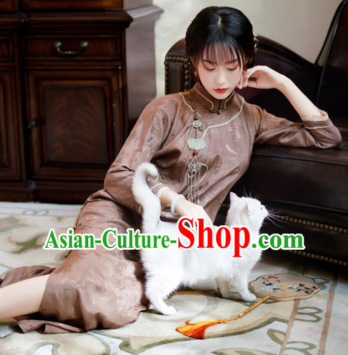 Republic of China Traditional Stand Collar Qipao Dress Classical Clothing Brown Silk Cheongsam Republic of China Traditional Stand Collar Qipao Dress Classical Clothing Brown Silk Cheongsam