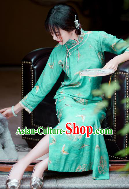 Republic of China Traditional Printing Green Qipao Dress Classical Clothing Rich Lady Cheongsam Republic of China Traditional Printing Green Qipao Dress Classical Clothing Rich Lady Cheongsam