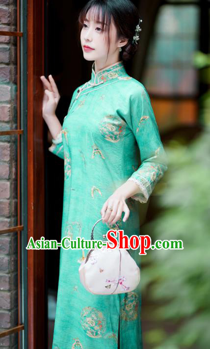 Republic of China Traditional Printing Green Qipao Dress Classical Clothing Rich Lady Cheongsam Republic of China Traditional Printing Green Qipao Dress Classical Clothing Rich Lady Cheongsam