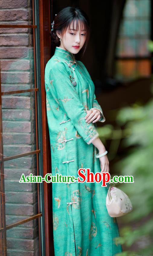 Republic of China Traditional Printing Green Qipao Dress Classical Clothing Rich Lady Cheongsam Republic of China Traditional Printing Green Qipao Dress Classical Clothing Rich Lady Cheongsam