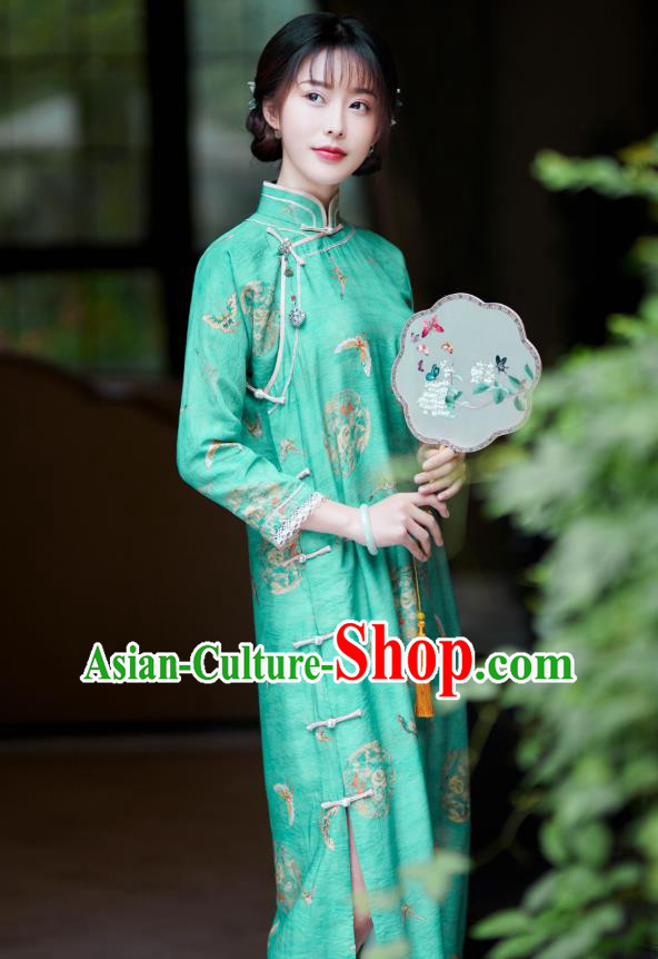 Republic of China Traditional Printing Green Qipao Dress Classical Clothing Rich Lady Cheongsam Republic of China Traditional Printing Green Qipao Dress Classical Clothing Rich Lady Cheongsam