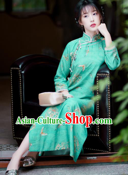 Republic of China Traditional Printing Green Qipao Dress Classical Clothing Rich Lady Cheongsam Republic of China Traditional Printing Green Qipao Dress Classical Clothing Rich Lady Cheongsam