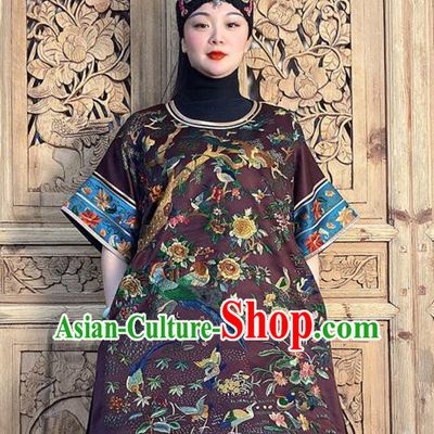 China National Ethnic Clothing Traditional Embroidered Flowers Bird Dark Purple Silk Dress