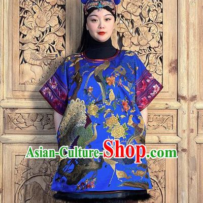 China Traditional Embroidered Flowers Bird Royalblue Silk Dress National Ethnic Clothing