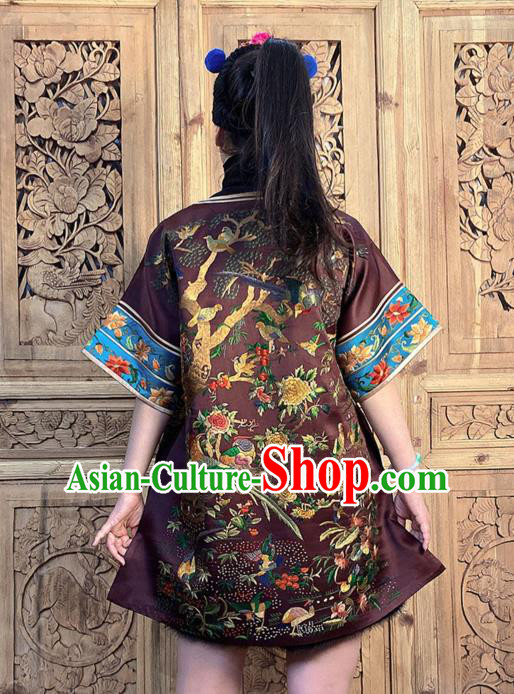 China National Ethnic Clothing Traditional Embroidered Flowers Bird Dark Purple Silk Dress China National Ethnic Clothing Traditional Embroidered Flowers Bird Dark Purple Silk Dress