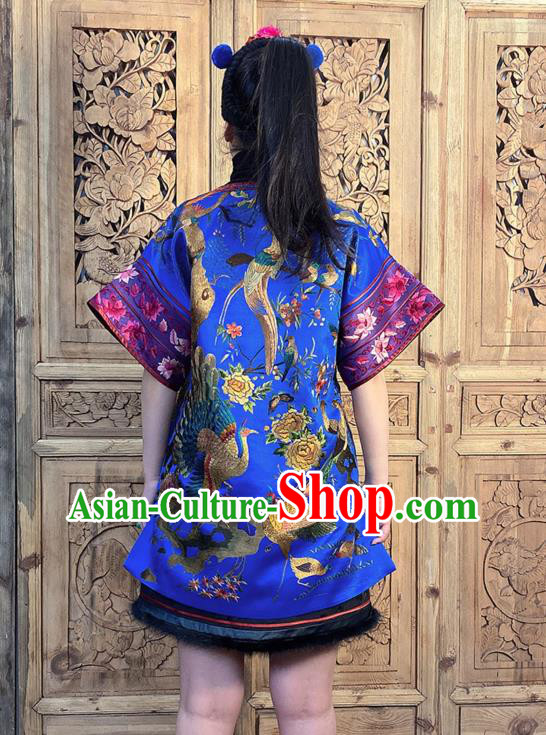 China Traditional Embroidered Flowers Bird Royalblue Silk Dress National Ethnic Clothing