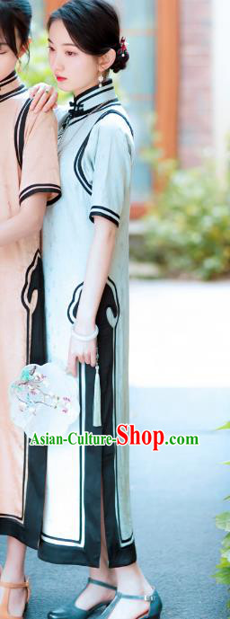 Republic of China Classical Rich Lady Cheongsam Traditional Light Blue Qipao Dress Republic of China Classical Rich Lady Cheongsam Traditional Light Blue Qipao Dress