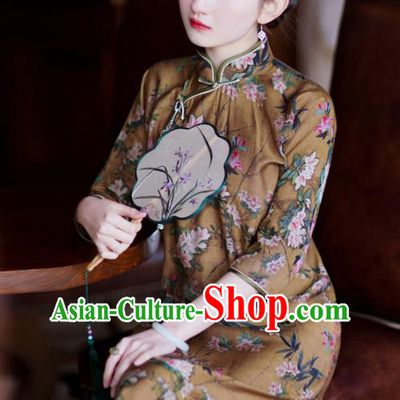 Republic of China Traditional Printing Flowers Deep Brown Qipao Dress Classical Young Beauty Cheongsam