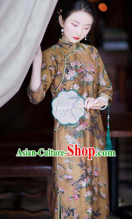 Republic of China Traditional Printing Flowers Deep Brown Qipao Dress Classical Young Beauty Cheongsam Republic of China Traditional Printing Flowers Deep Brown Qipao Dress Classical Young Beauty Cheongsam