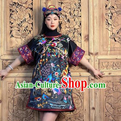 China National Ethnic Girl Costume Hand Embroidered Black Silk Short Dress