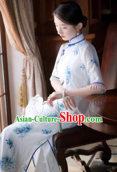 China Classical Cheongsam Clothing Traditional Printing White Qipao Dress for Rich Lady China Classical Cheongsam Clothing Traditional Printing White Qipao Dress for Rich Lady