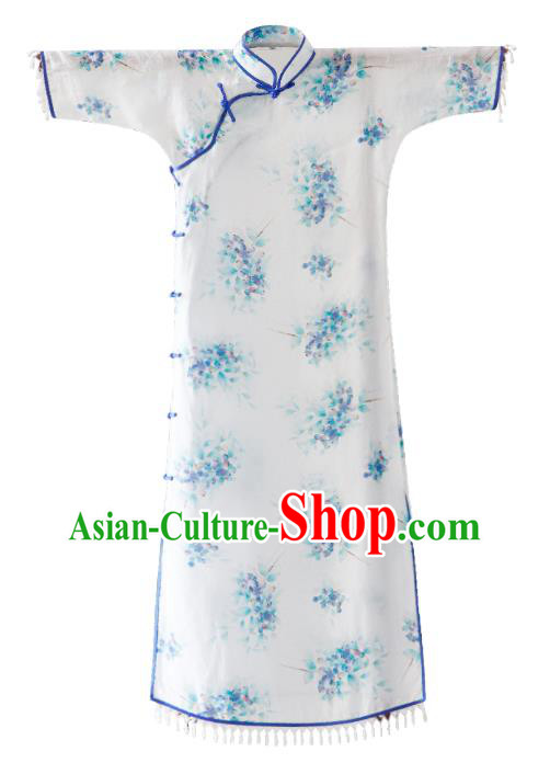 China Classical Cheongsam Clothing Traditional Printing White Qipao Dress for Rich Lady China Classical Cheongsam Clothing Traditional Printing White Qipao Dress for Rich Lady