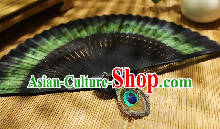 Chinese Handmade Folding Fan Classical Peacock Feather Pattern Fan Silk Accordion Chinese Handmade Folding Fan Classical Peacock Feather Pattern Fan Silk Accordion