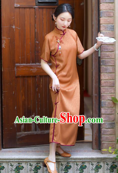 Republic of China Classical Cheongsam Traditional Young Lady Orange Silk Qipao Dress Republic of China Classical Cheongsam Traditional Young Lady Orange Silk Qipao Dress