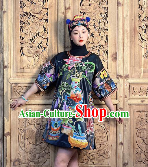 China National Embroidered Costume Hand Embroidered Peony Flowers Black Silk Dress China National Embroidered Costume Hand Embroidered Peony Flowers Black Silk Dress