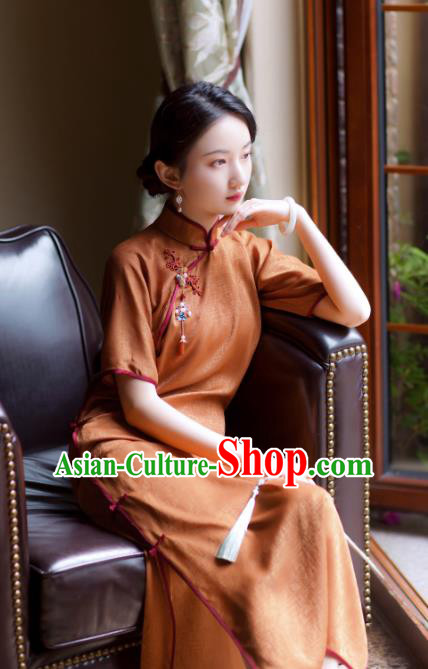 Republic of China Classical Cheongsam Traditional Young Lady Orange Silk Qipao Dress Republic of China Classical Cheongsam Traditional Young Lady Orange Silk Qipao Dress