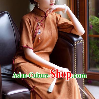 Republic of China Classical Cheongsam Traditional Young Lady Orange Silk Qipao Dress