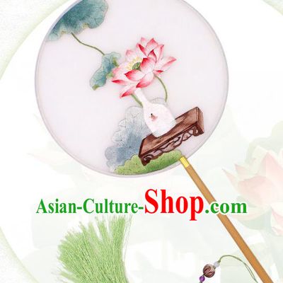 China Classical Silk Fan Handmade Circular Fan Embroidered Lotus Fan