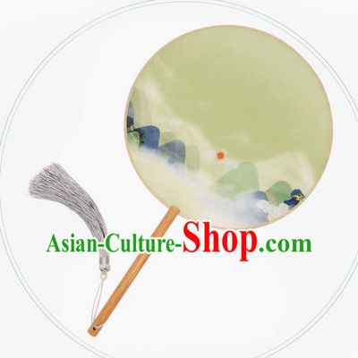 China Traditional Palace Fan Classical Circular Fan Handmade Printing Landscape Green Silk Fan