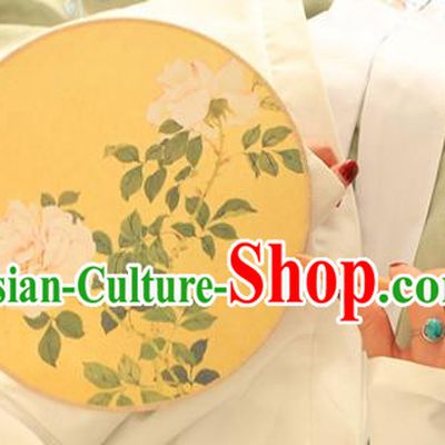 China Traditional Printing Camellia Palace Fan Classical Dance Fan Handmade Yellow Silk Circular Fan