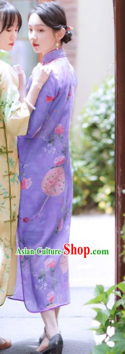 Republic of China Classical Printing Flowers Cheongsam Traditional Young Lady Violet Qipao Dress Republic of China Classical Printing Flowers Cheongsam Traditional Young Lady Violet Qipao Dress