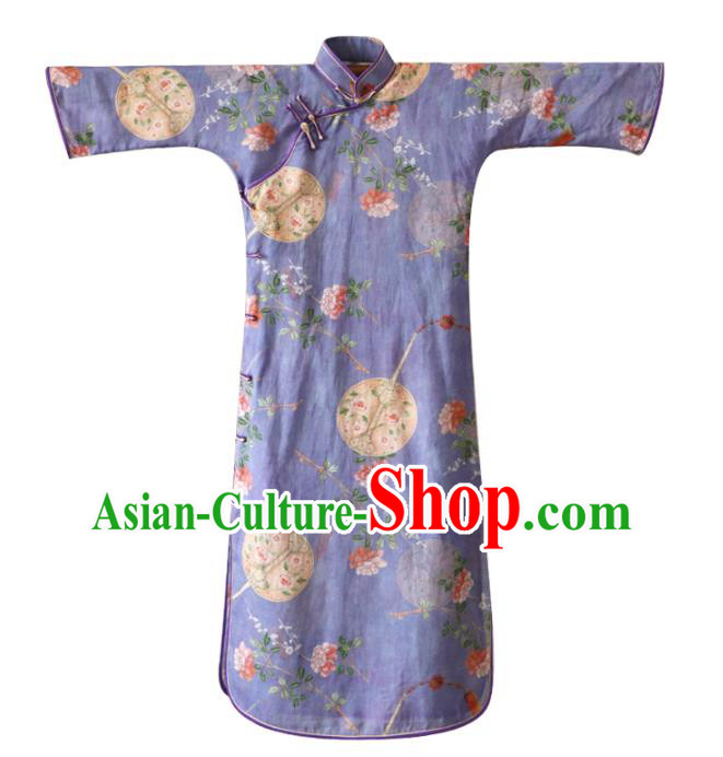 Republic of China Classical Printing Flowers Cheongsam Traditional Young Lady Violet Qipao Dress Republic of China Classical Printing Flowers Cheongsam Traditional Young Lady Violet Qipao Dress
