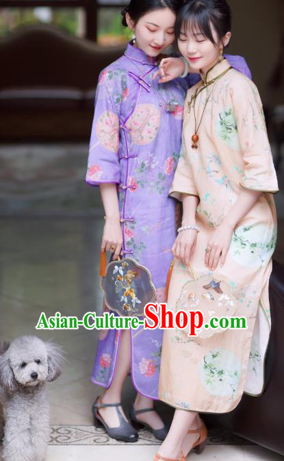 Republic of China Classical Printing Flowers Cheongsam Traditional Young Lady Violet Qipao Dress Republic of China Classical Printing Flowers Cheongsam Traditional Young Lady Violet Qipao Dress