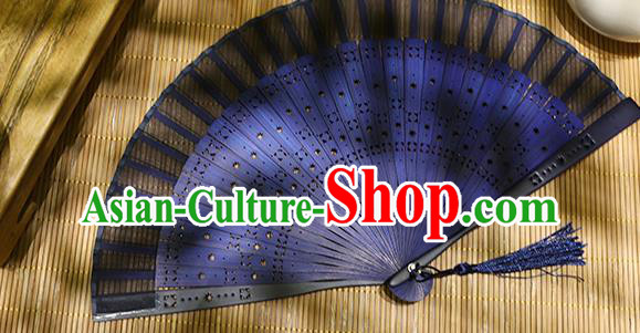 Chinese Handmade Silk Folding Fan Classical Blue Accordion Hollow Bamboo Fan Chinese Handmade Silk Folding Fan Classical Blue Accordion Hollow Bamboo Fan